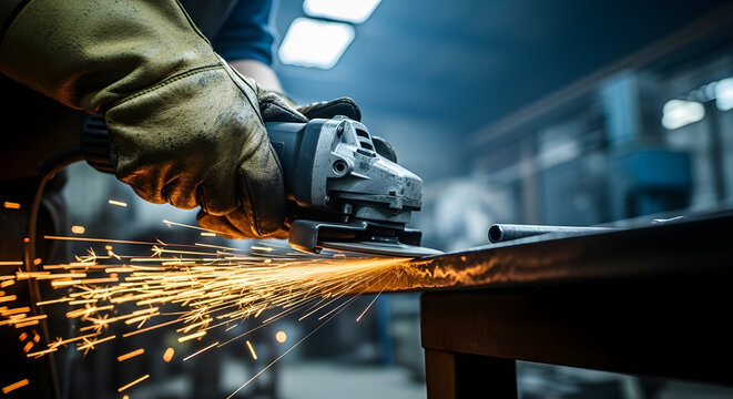 Worker using angle grinder sparks flying metal work industrial workshop