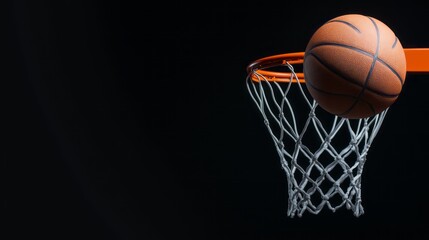 Basketball Approaching Hoop in a Dark Background Perfect for Sports Theme or Event Promotion