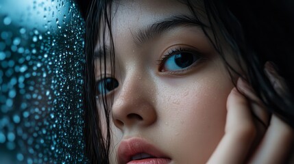 Close-Up Portrait of a Young Woman with Wet Hair and Rainy Window Background