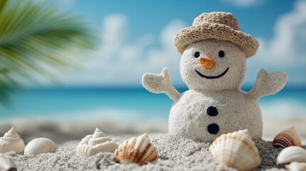 Cheerful Snowman on a Bright Tropical Beach Surrounded by Shells and Palm Trees