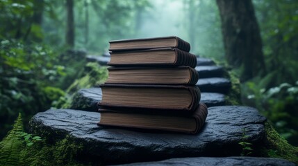 Stacked Vintage Books on Mossy Stones in a Serene Forest Pathway