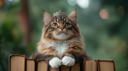 Royal Maine Coon Cat with Crown Posing Elegantly Above Stack of Opened Books in Nature