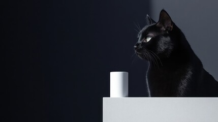 Black Cat Sitting Elegantly on a Minimalist White Surface with Dark Background