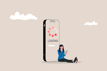 Business woman using a smartphone to install a new application version. Device maintenance with progress bar loading for functionality