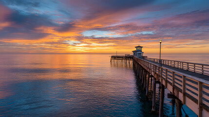 Obraz premium Serene Ocean Pier at Sunset with Colorful Horizon