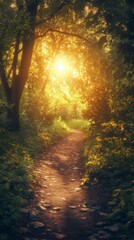 Obraz premium Walking Path Through a Forest with Sunlight Streaming Through Trees