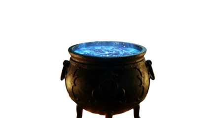 3D Render of Illuminated Blue Glowing Cauldron on Transparent Isolated Background