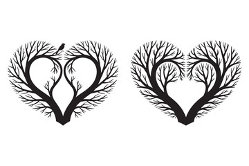 Black heart shaped trees with bird silhouette branches