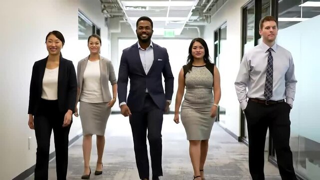 Diverse business team walking modern office hallway