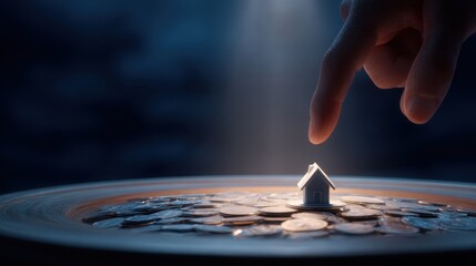 Obraz premium Real estate selling guide concept. A hand reaches toward a small house on a pile of coins, symbolizing investment or real estate.
