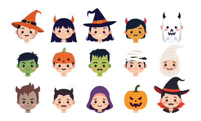 Kids head monster characters graphic vector illustration set