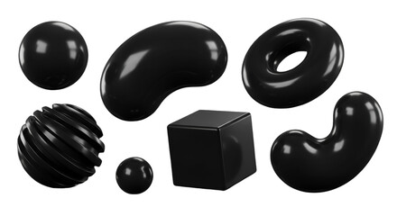 3D Render of Glossy Black Abstract Geometric Shapes Isolated on Background
