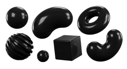 3D Render of Glossy Black Abstract Geometric Shapes Isolated on Background