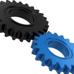 3D Render of Black And Blue Gears Interlocked on Transparent Background