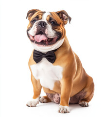 Happy English Bulldog wearing black bow tie sits with its tongue out, exuding charm and playfulness against white background