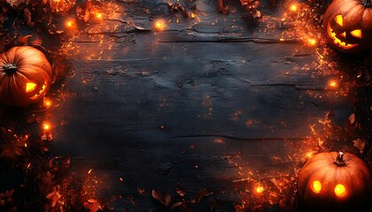 Glowing Halloween pumpkins and orange fairy lights on dark wood jack o lantern carved pumpkin