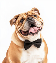 Cheerful English Bulldog wearing black bow tie sits with its tongue out against white background, exuding charm and playfulness