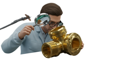 3D Rendered Image of Man Inspecting a Golden Metal Part on Transparent Background