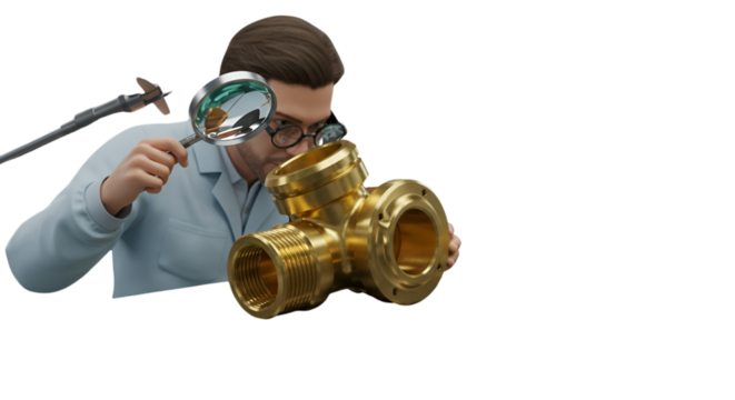 3D Rendered Image of Man Inspecting a Golden Metal Part on Transparent Background