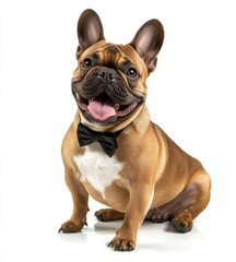 Cheerful French Bulldog wearing black bow tie sits with its tongue out against white background, exuding joy and playfulness