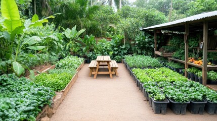 Naklejka premium Garden Sanctuary: A serene outdoor garden scene showcases a harmonious blend of nature and human design, inviting a sense of tranquility and connection with the earth.