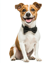 Happy Jack Russell terrier wearing black bow tie sits with its tongue out, exuding charm and playfulness against white background