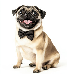Happy pug dog sitting with its tongue out, wearing black bow tie against white background, exuding charm and playfulness