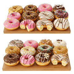 3D Render Of Various Delicious Donuts On Wooden Boards With Transparent Background