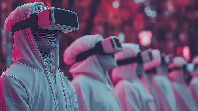 Futuristic group of people in hooded suits wearing VR headsets, standing in formation under pink and blue neon lighting