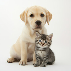 Playful Labrador retriever puppy with soft cream coat sits beside curious gray tabby kitten on white background, creating adorable and heartwarming scene