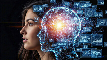 Woman's Profile with Futuristic AI Network and Data Visualization; Abstract, Conceptual, Technological.