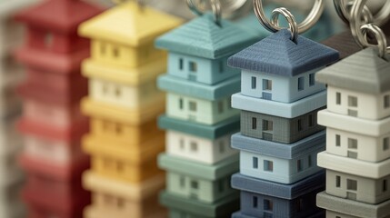 Real estate selling guide concept. Colorful miniature house keychains arranged in a row, showcasing various architectural styles.