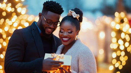 A Moment of Gift Exchange: An intimate scene unfolds as a couple, adorned with smiles and enveloped by the warmth of celebratory lights, shares a present, weaving a narrative of love and generosity.