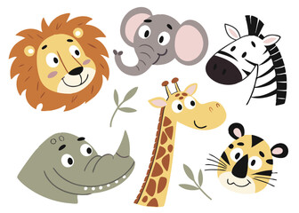 Naklejka premium Vector art of a delightful collection of cartoon animal faces including a lion, elephant, zebra and more