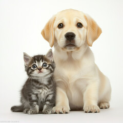 Playful Labrador retriever puppy with soft cream coat sits beside curious tabby kitten, both looking directly at camera against white background