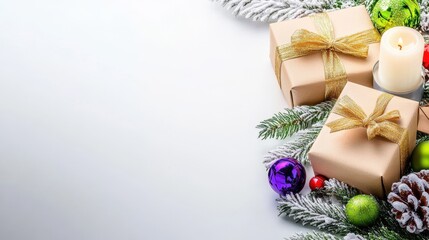 Gifted Season's Greetings: Presents are the centerpiece of a festive scene, adorned with holiday ornaments and lit candle. Embracing the spirit of giving and joy.