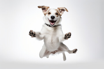 Joyful dog leaps in air against white background, showcasing its playful nature and energy. dynamic studio shot captures dog excitement and lively spirit