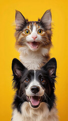 Joyful cat and dog portrait against vibrant yellow background, showcasing their playful expressions. cat is perched above dog, both appearing happy and energetic