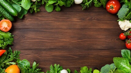 Wooden Table and Fresh Organic Produce: A rustic, dark wooden table frames a vibrant array of organic produce, offering a delightful visual feast for health enthusiasts.