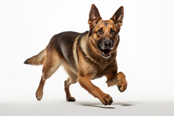 German Shepherd dog joyfully runs in professional studio setting, showcasing its agility and energy. dog fur is mix of black and tan, and its ears are perked up, adding to its alert expression