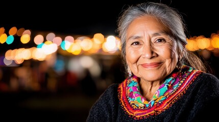 Resilient Senior Portrait: A dignified elderly woman, her face etched with wisdom and a vibrant scarf around her neck, gazing with a warm smile, against a blurred background.