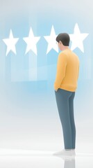 Obraz premium Illustration of a young man in a yellow sweater standing in front of five stars, contemplating ratings and reviews, reflecting on quality and feedback in a modern digital environment