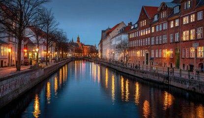 Obraz premium Canal city at twilight. Buildings line a calm canal reflecting warm evening lights