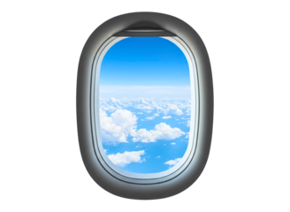 Airplane window with view of clouds and blue sky isolated on transparent background