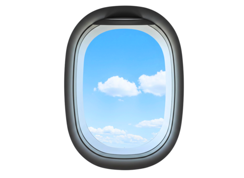 Airplane window with view of clouds and blue sky isolated on transparent background