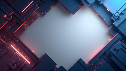 Obraz premium Futuristic sci-fi background with an abstract geometric frame. Glowing red lights on a dark technological surface create a digital portal effect.