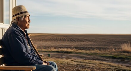 Senior man watching the field in the sun