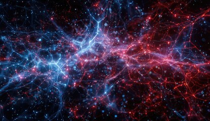 Fototapeta premium Abstract energy network with red and blue glowing filaments, speckled with tiny particles