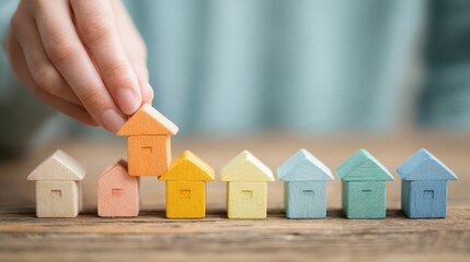 Real estate selling guide concept. A hand placing a colorful wooden house among similar models on a wooden surface.