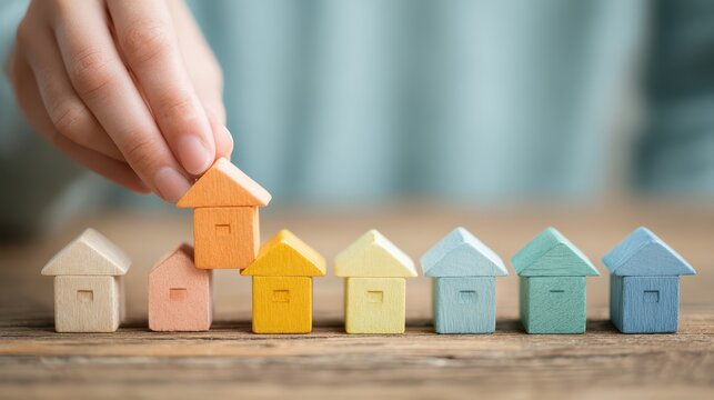 Real estate selling guide concept. A hand placing a colorful wooden house among similar models on a wooden surface.